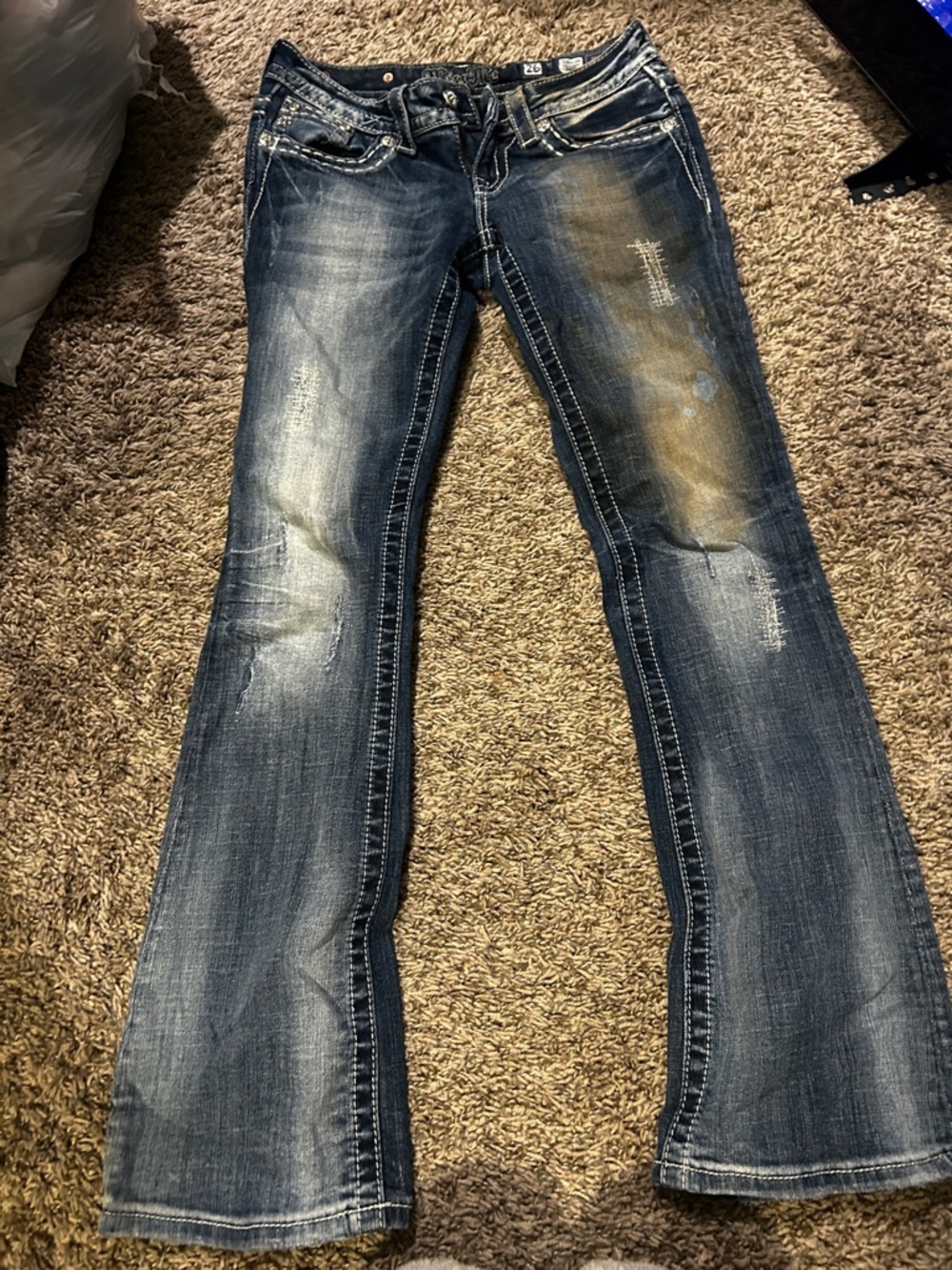 Miss Me Dark Blue Flare Jeans with Distressed Whiskering